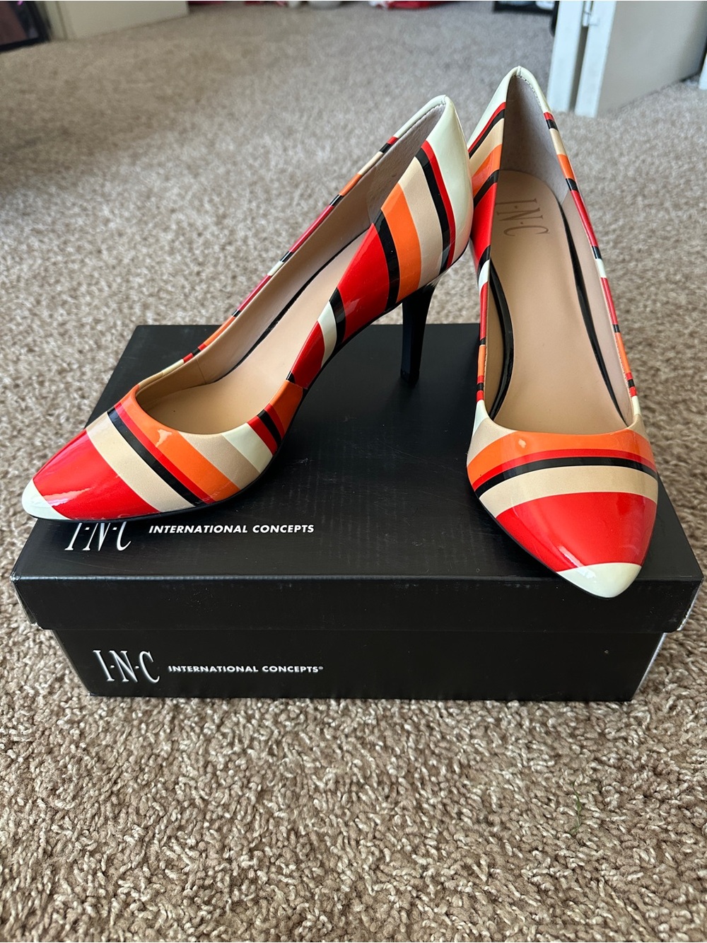 INC International Concepts Red, Orange & Cream Striped Pointed-Toe Pumps